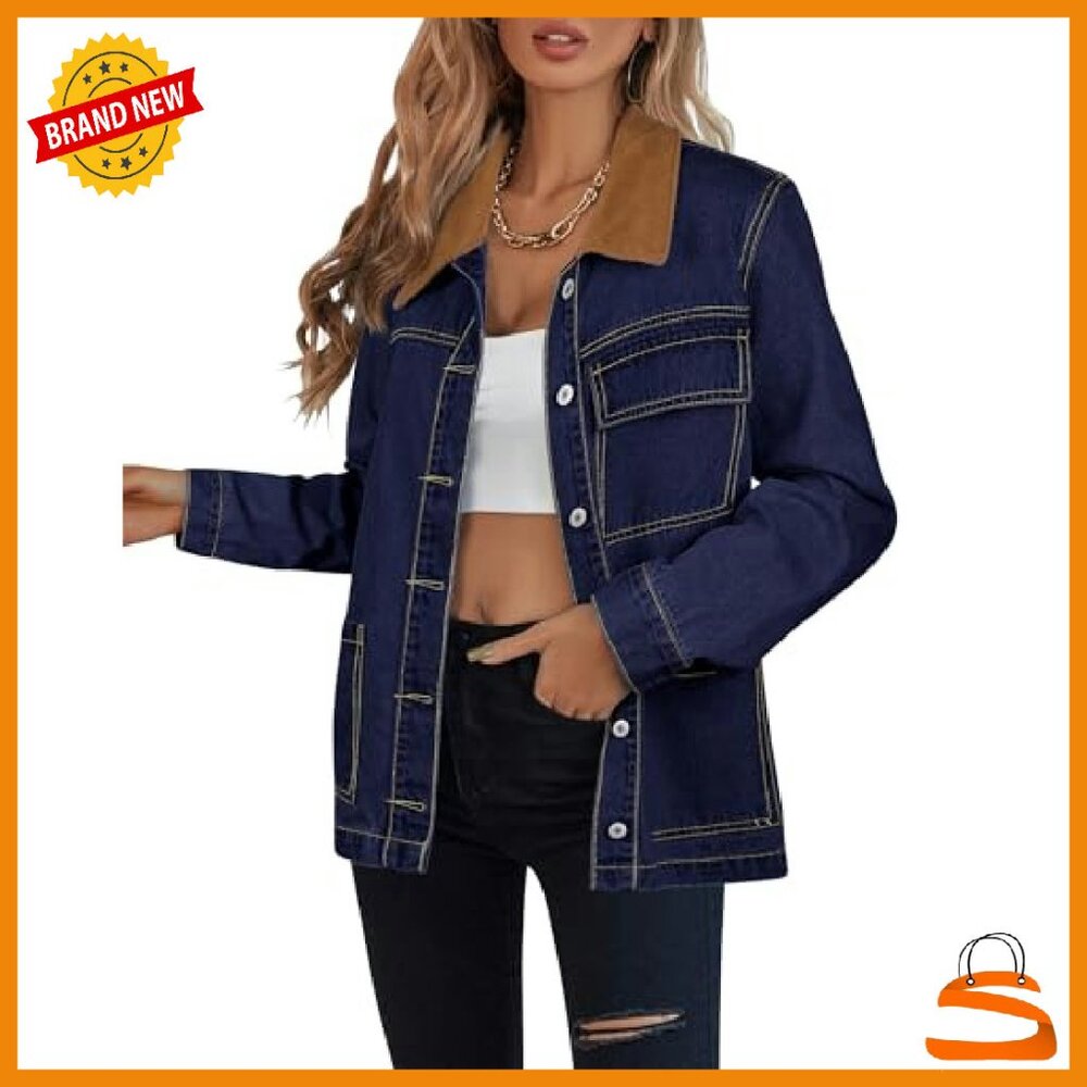 Oversized Denim Jacket with Corduroy Collar, Loose Fit, Button Front, Pockets - Picture 2 of 8